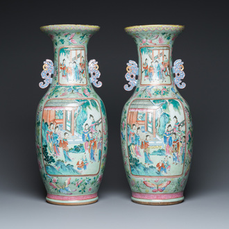 A pair of Chinese famille rose celadon-ground vases, 19th C.