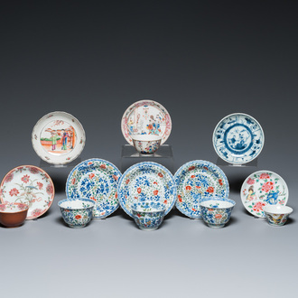 Eight Chinese blue and white, famille rose and verte saucers and six cups, Kangxi and later