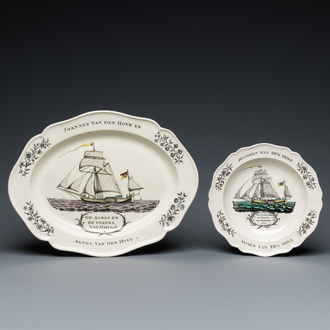 Plat et assiette en faïence fine de Wedgwood à sujet maritime à inscription 'Joannes et Agnes van den Hove - Ostende', Angleterre, l'une datée 1785