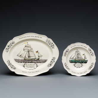 Een Engelse creamware schotel en bord met een schip en opschrift 'Joannes en Agnes van den Hove - Ostende', Wedgwood, gedat. 1785