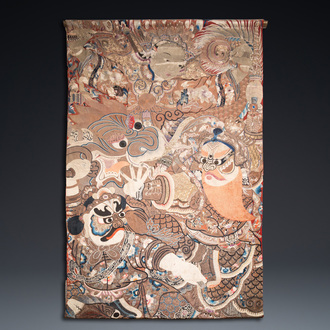 A large Chinese silk and metallic thread embroidered wall tapestry with an opera scene, 19th C.