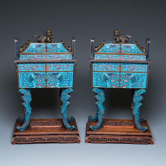 A pair of large Chinese cloisonné 'fangding' censers and covers on wooden stands, 19th C.