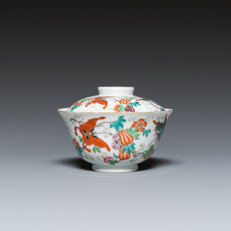 A Chinese famille rose 'butterflies' bowl and cover, Jia Qing Nian Zhi 嘉慶年製 mark, 19/20th C.