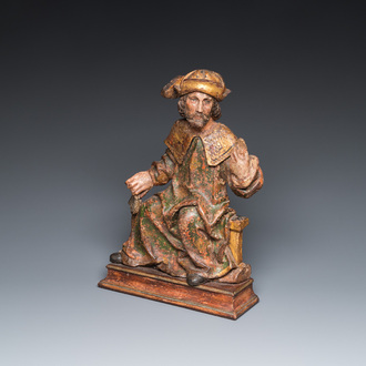 A large polychromed wood sculpture of a prophet, Flanders, 15/16th C.