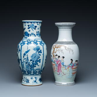 A Chinese blue and white vase and a famille rose vase, 19th and 20th C.