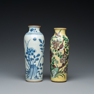 Two Chinese blue and white and famille jaune rouleau vases, Transitional period and 19th C.