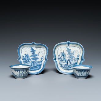 A pair of Japanese blue and white Arita 'van Frytom' cups with shield-shaped saucers, Chenghua mark, Edo, 18th C.