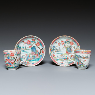 A pair of Chinese famille rose cups and saucers, Yongzheng