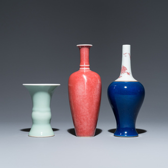 Drie Chinese vazen met celadon, koperrood en blauw glazuur, Kangxi merken, 19/20e eeuw