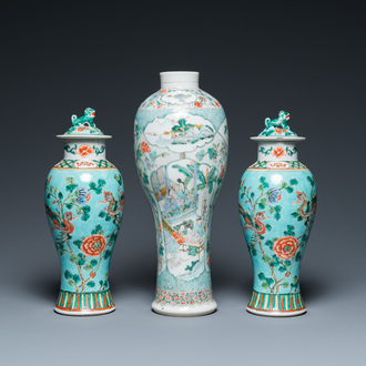 Three Chinese famille verte vases, 19th C.