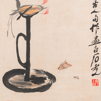 D'après Qi Baishi 齊白石 (1864-1957): 'Lampe à huile et deux phalènes', encre et couleurs sur papier