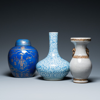 Three Chinese blue and white, crackle-glazed and powder-blue vases, 19th C.