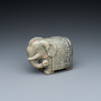 A Chinese grey-speckled celadon jade elephant, Qing