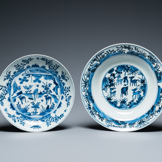 Two Chinese blue and white 'deer' dishes, Wanli