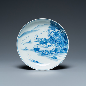 A Chinese blue and white 'river landscape' dish, Daoguang mark and of the period