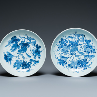 Een paar Chinese blauw-witte schotels met eekhoorns en druivenranken, Qianlong