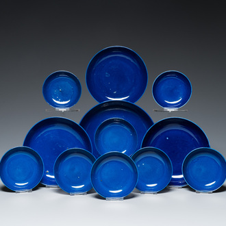 Four Chinese monochrome blue-glazed plates and eight saucers, Guangxu mark and of the period