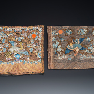 Two Chinese embroidered silk rank badges with cranes, 19th C.