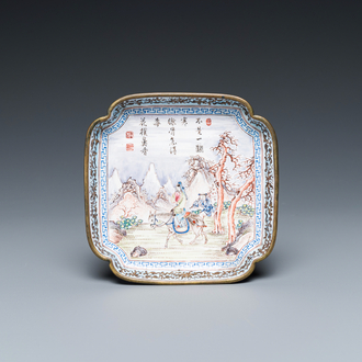 A square Chinese Canton enamel 'scholar' tray with a poem, Qianlong