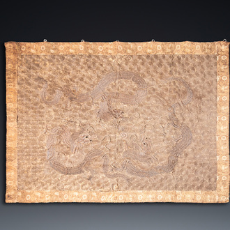 A large Japanese metal-thread-embroidered 'three dragons' wall tapestry, Edo, 18/19th C.