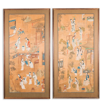 Chinese school: Two garden scenes with ladies and boys, ink and colour on silk, Qing