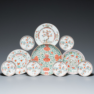 A Chinese famille verte dish, three plates and six saucers, Kangxi