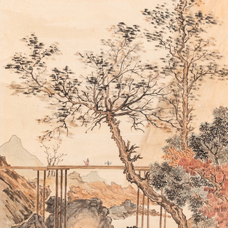 Wu Tong 吴桐 (1975-): ‘A scholar and his pupil on a bridge’, ink and colour on paper