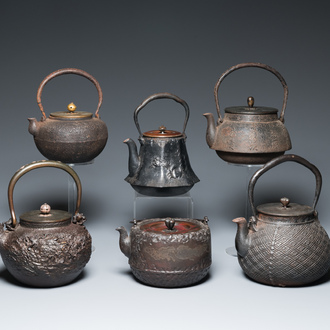 Six Japanese cast iron 'tetsubin' kettles, Meiji, 19/20th C.