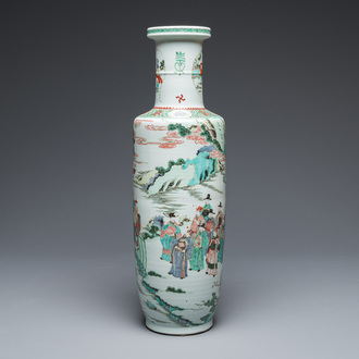 A large Chinese famille verte rouleau vase, 20th C.