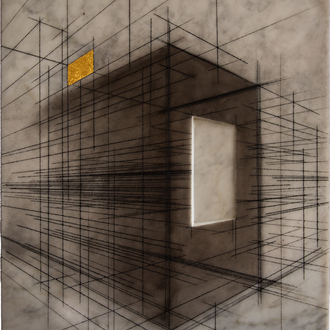 Christophe Annys: 'Utopias fail for all sorts of reasons', inkt, bladgoud, Carrara marmer