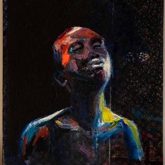 Liesbeth Louwyck: 'Portrait Nr5', Acryl en olieverf op geprinte stof en canvas