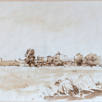 Tinus Vermeersch: 'Landschap', Tekening met bister, notenbruin