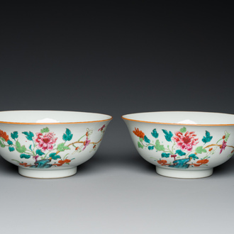 A pair of Chinese famille rose bowls with floral design, Qianlong mark and of the period