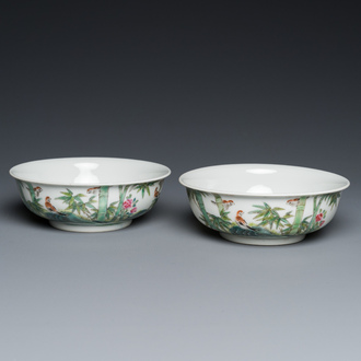 A pair of Chinese famille rose bowls with birds on bamboo branches, Yongzheng mark, probably Republic