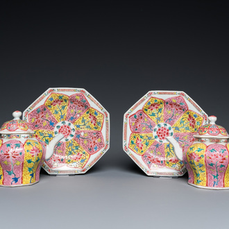 A pair of Chinese octagonal famille rose teapots on stands, Yongzheng