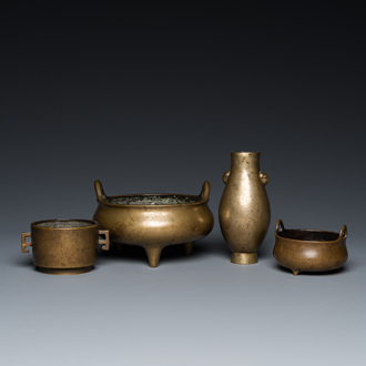 Three Chinese bronze censers and a silver-inlaid bronze vase, Qing