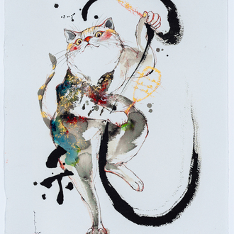 Chihiro Kondo: 'Neko', Opgekleurde digitale print op handgeschept papier