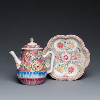 A Chinese famille rose relief-decorated teapot and cover on stand, Yongzheng