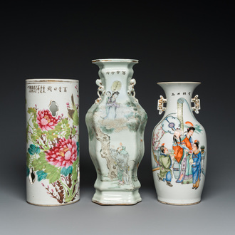 Two Chinese qianjiang cai vases and a hat stand, 19/20th C.