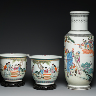 A Chinese famille rose rouleau vase and a pair of jardinières, 20th C.
