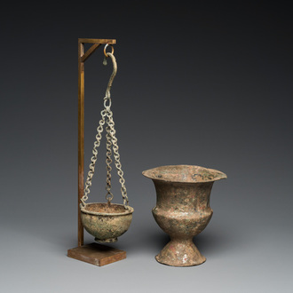 A Byzantine or Roman bronze vase and a hanging incense burner, 5/7th C.