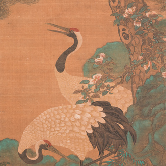 Chinese school: 'Cranes under a pine', ink and colour on silk, Ming