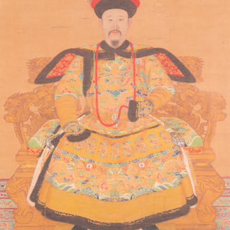 Ecole chinoise: 'Portrait de l'empereur Yongzheng', encre et couleurs sur soie, Qing