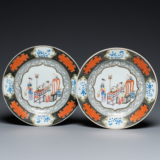 A pair of Chinese famille rose plates with a lady doing her make-up, Yongzheng