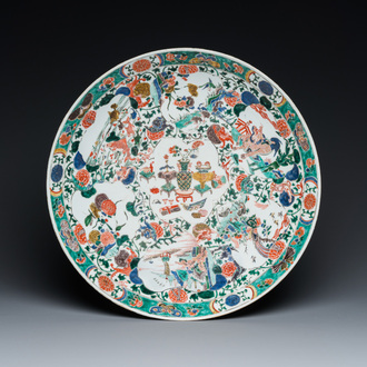 A Chinese famille verte dish with antiquities and animals, Kangxi