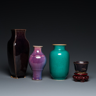 Three Chinese monochrome vases and a 'lotus' cup, Qing/Republic