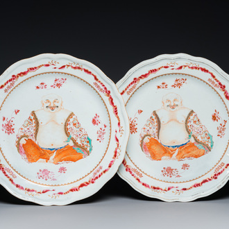 A pair of Chinese famille rose 'Buddha' tureen stands, Qianlong