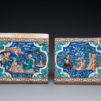 Two Qajar pottery tiles with fine narrative designs, Persia, 19th C.