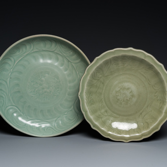 Two Chinese Longquan celadon dishes with underglaze design, Ming