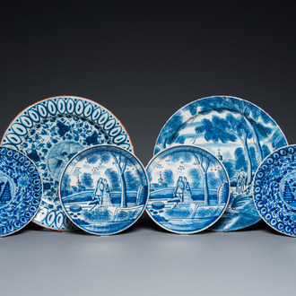 Two Dutch Delft blue and white dishes and two pairs of plates, 18th C.